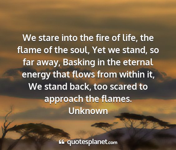 Unknown - we stare into the fire of life, the flame of the...